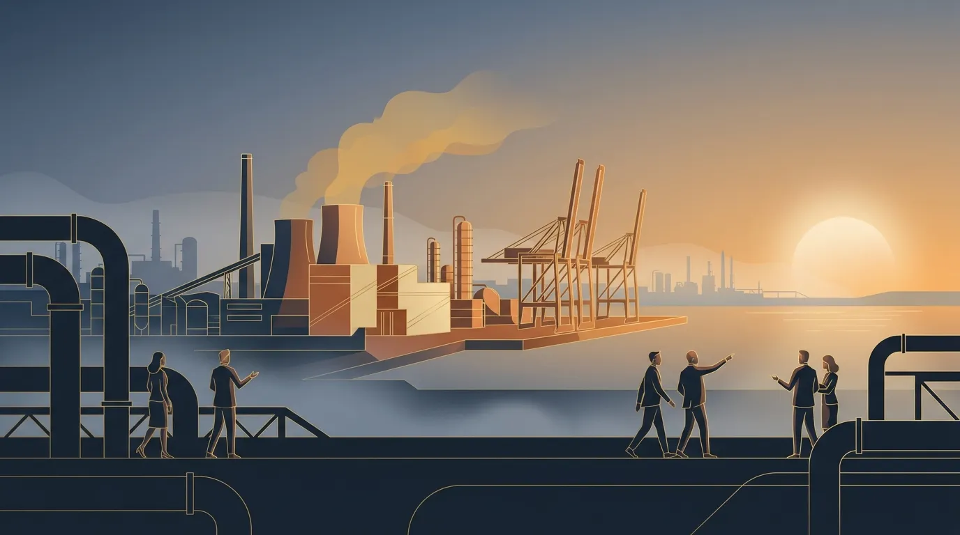 Illustration: a power plant, a port with cranes and a refinery at dawn, with only part of the complex lit by the sun