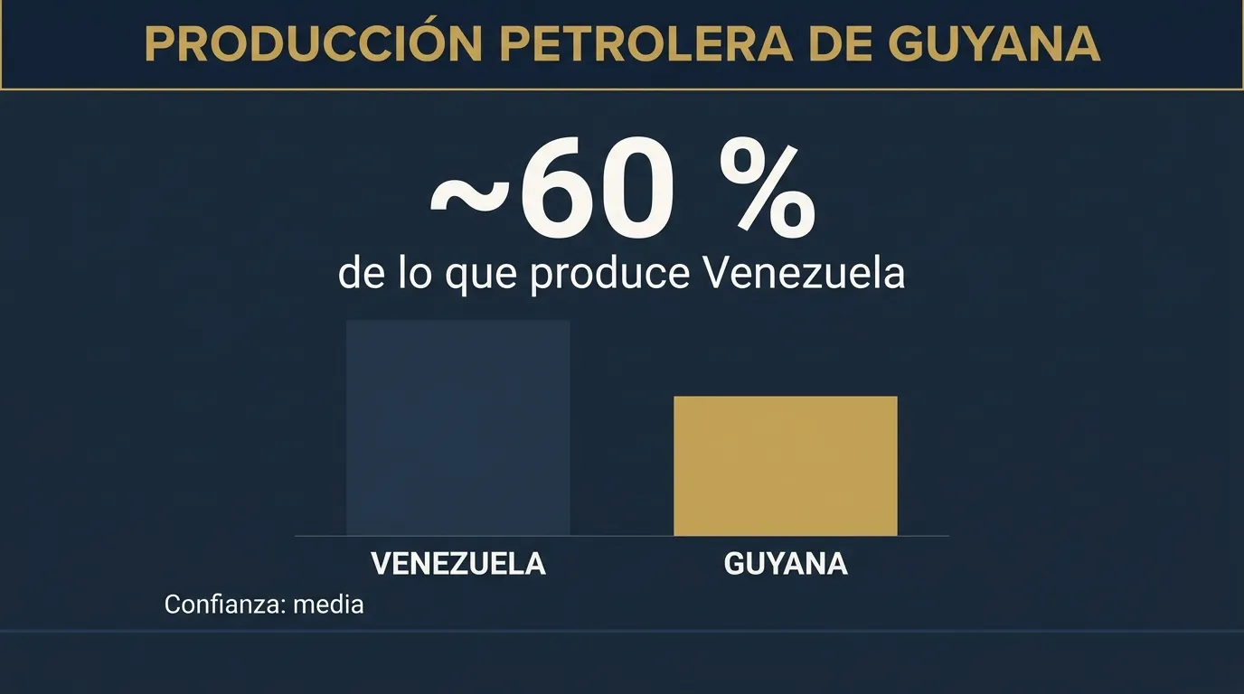 Infografía: Guyana produce cerca del 60 % del petróleo que produce Venezuela, con dos barras y confianza media