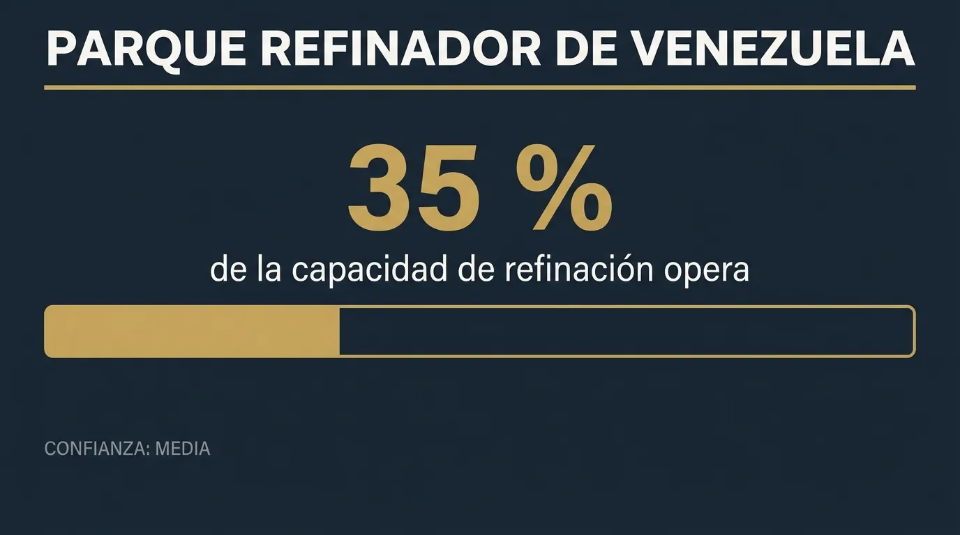 Infografía: opera el 35 % de la capacidad del parque refinador de Venezuela, con una barra rellena en un tercio y confianza media