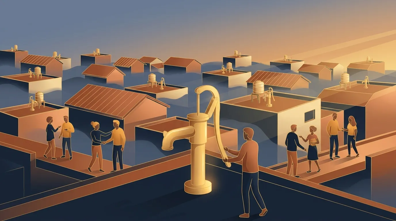 Illustration: a dense neighborhood of rooftops, each with a tiny tank, facing a large golden pump in the afternoon light