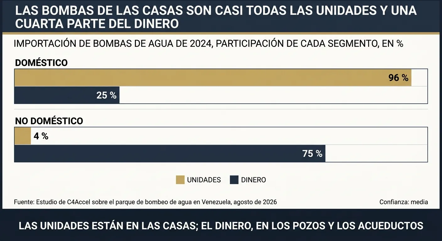 Gráfico de barras agrupadas por segmento: en la importación de bombas de agua de 2024, el doméstico es el 96 % de las unidades y el 25 % del dinero; el no doméstico, el 4 % de las unidades y el 75 % del dinero