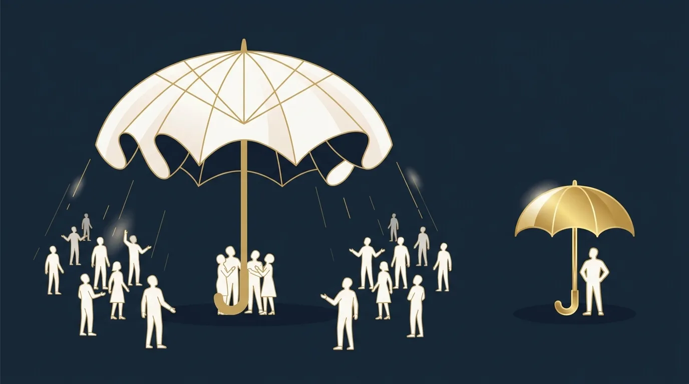 Ilustración: un paraguas grande se pliega y deja fuera a la mayoría de las personas que cubría; al lado, un paraguas pequeño y dorado cubre a una sola