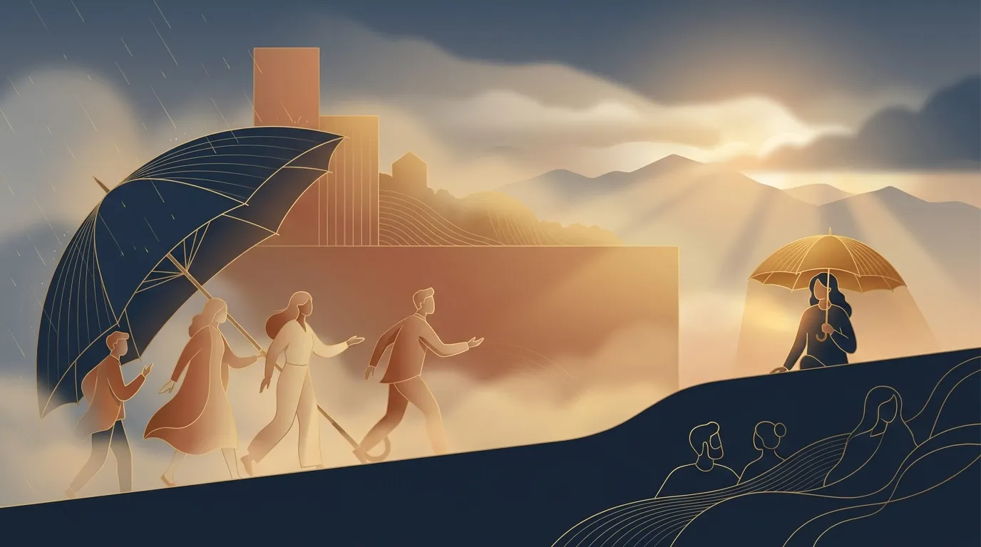 Illustration: at sunset, a large umbrella folds and leaves out most of the people it covered; next to it, a small golden umbrella covers just one