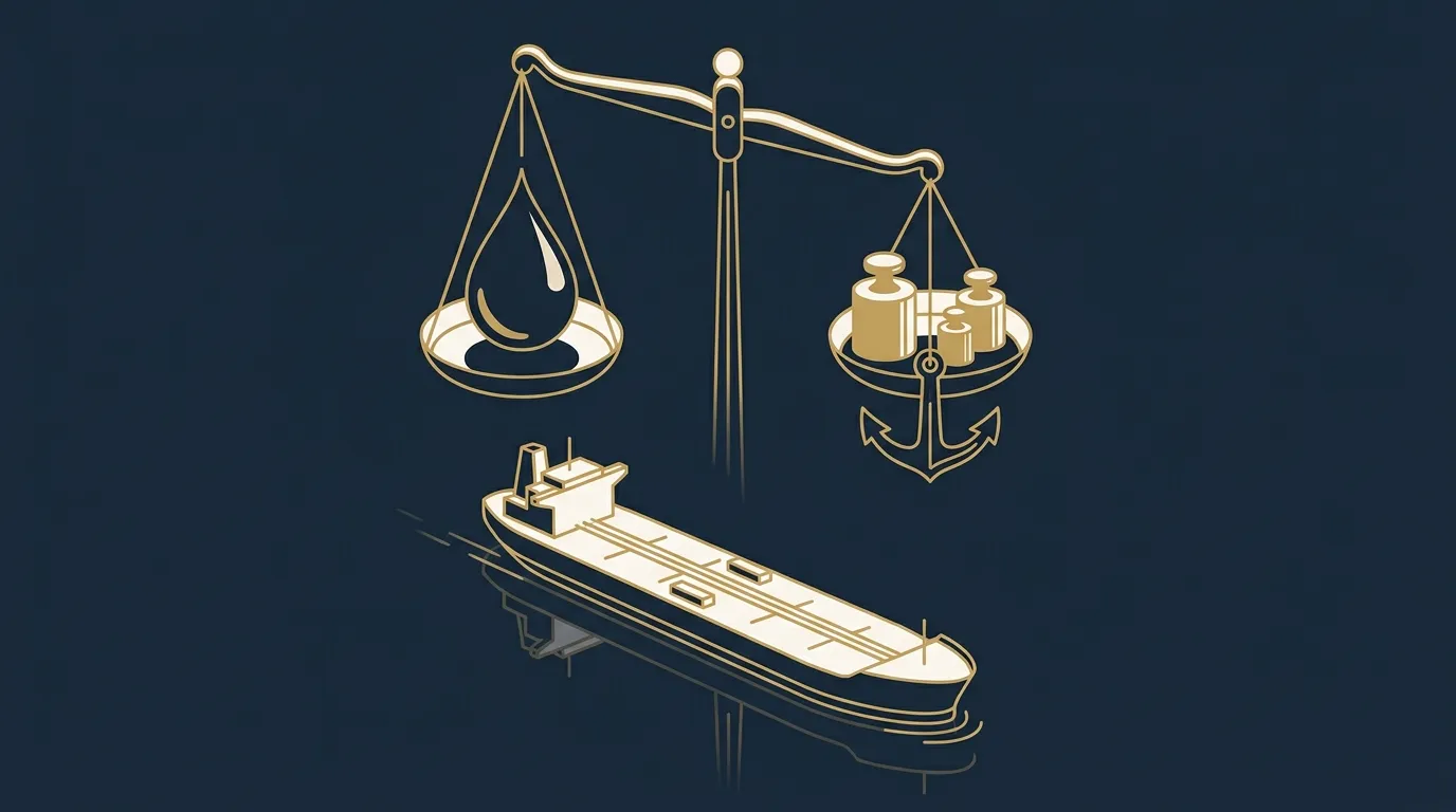 Ilustración: una balanza con una gota de crudo en un platillo y varias pesas doradas en el otro, sobre un tanquero en el mar