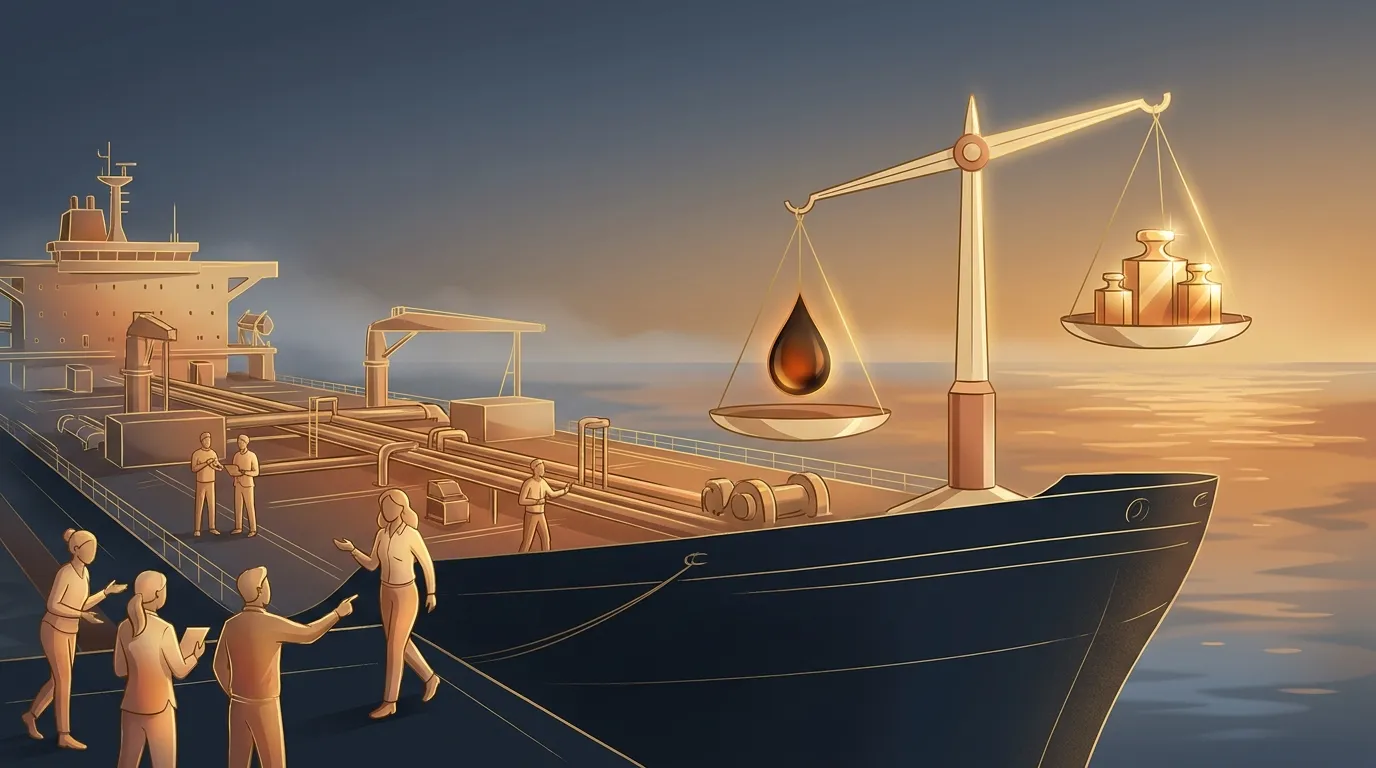 Illustration: a scale with a drop of crude on one pan and golden weights on the other, on the bow of a tanker in a golden-hour sea