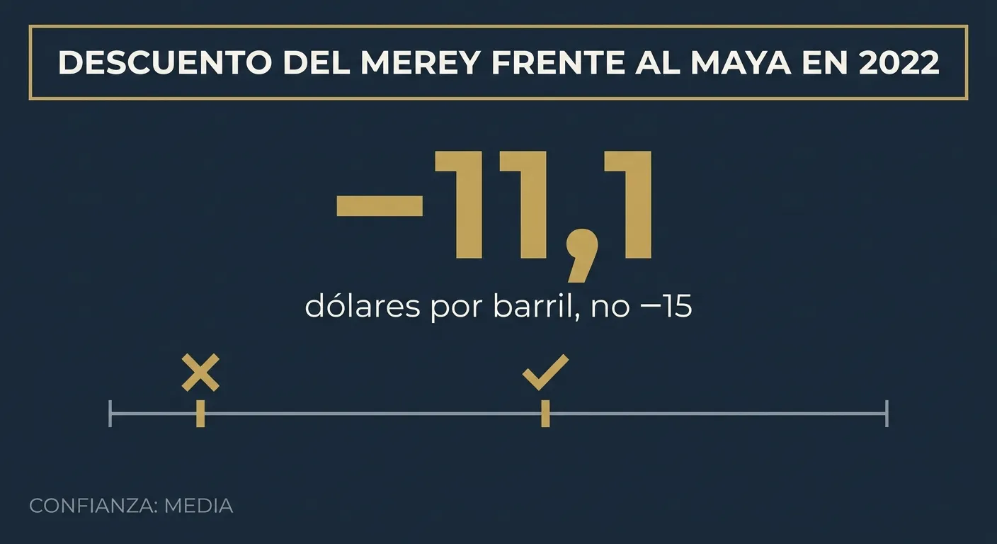 Infografía: el descuento del Merey frente al Maya en 2022 fue de −11,1 dólares por barril, no de −15, con confianza media