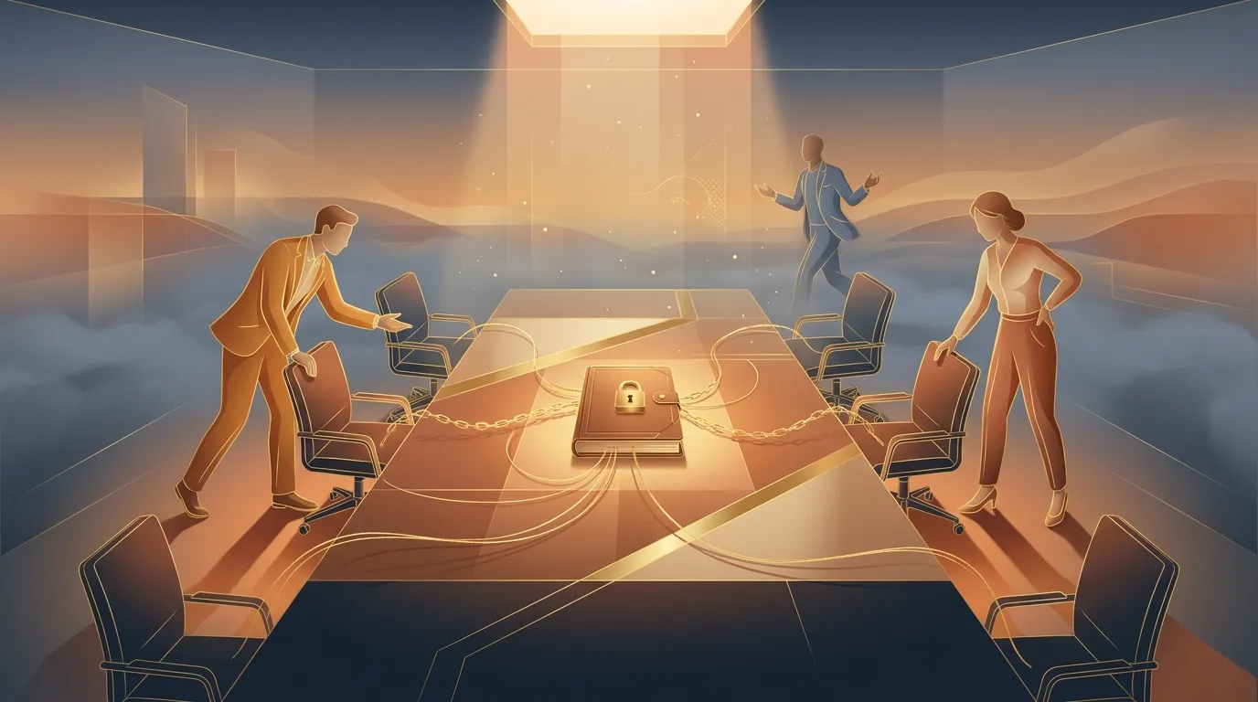 Illustration: a boardroom table with its chairs; in the center, a closed, padlocked book tied by golden threads to every chair, under a beam of skylight