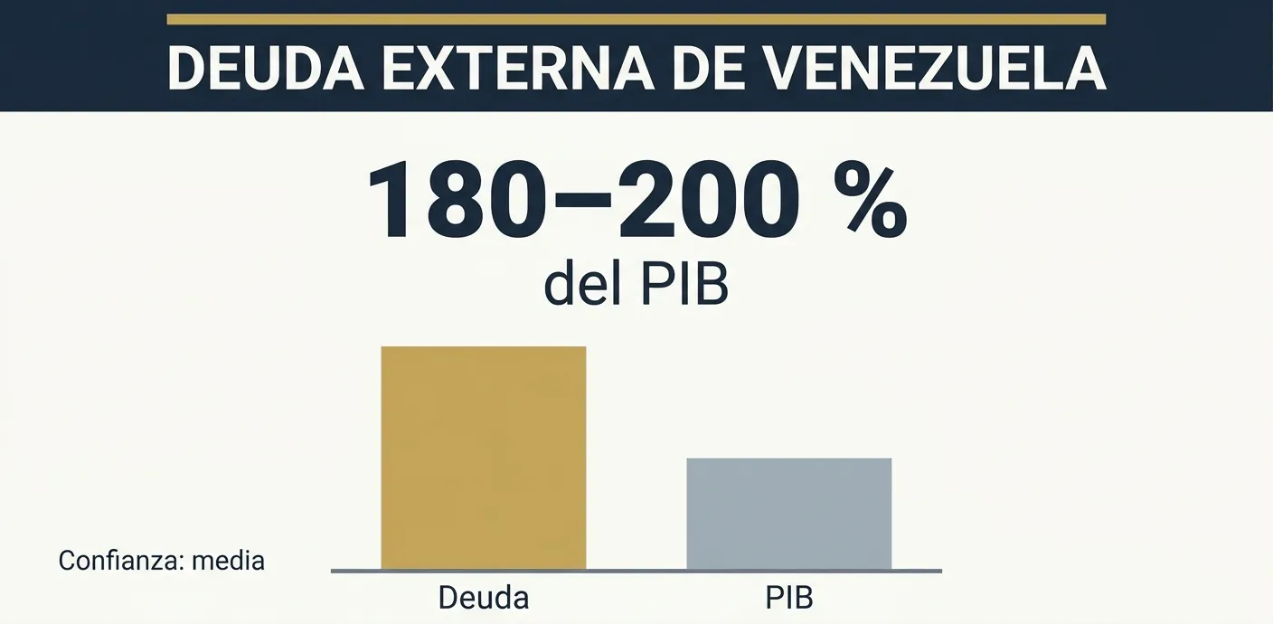 Infografía: la deuda externa de Venezuela equivale a 180–200 % del PIB, con confianza media