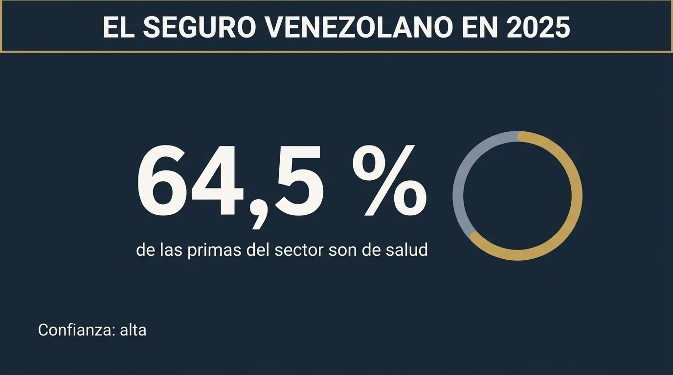 Infografía: en 2025, el 64,5 % de las primas del seguro venezolano son de salud, con confianza alta; un anillo dorado en dos tercios