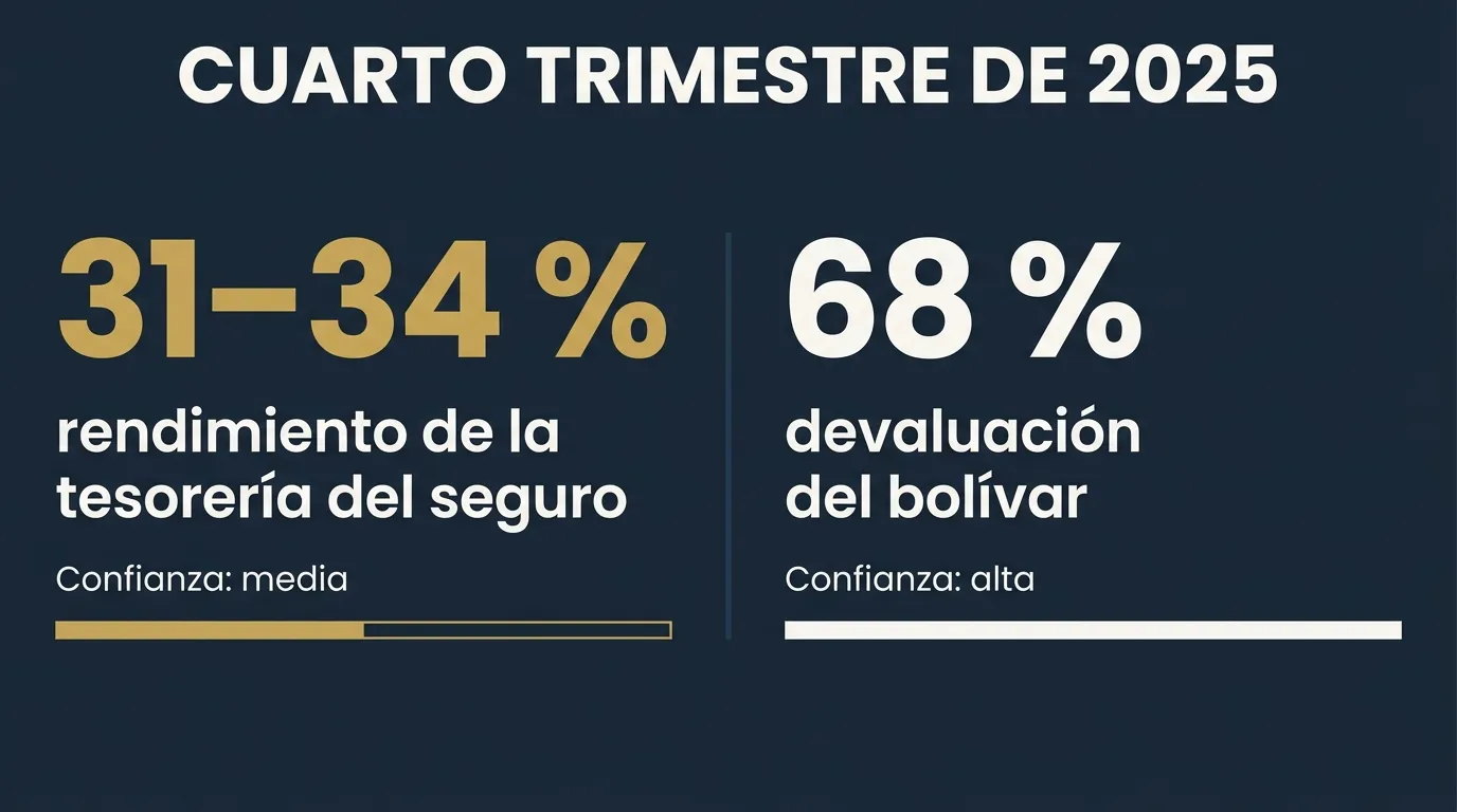 Infografía: en el cuarto trimestre de 2025, la tesorería del seguro rindió entre 31 y 34 %, con confianza media, y el bolívar se devaluó un 68 %, con confianza alta