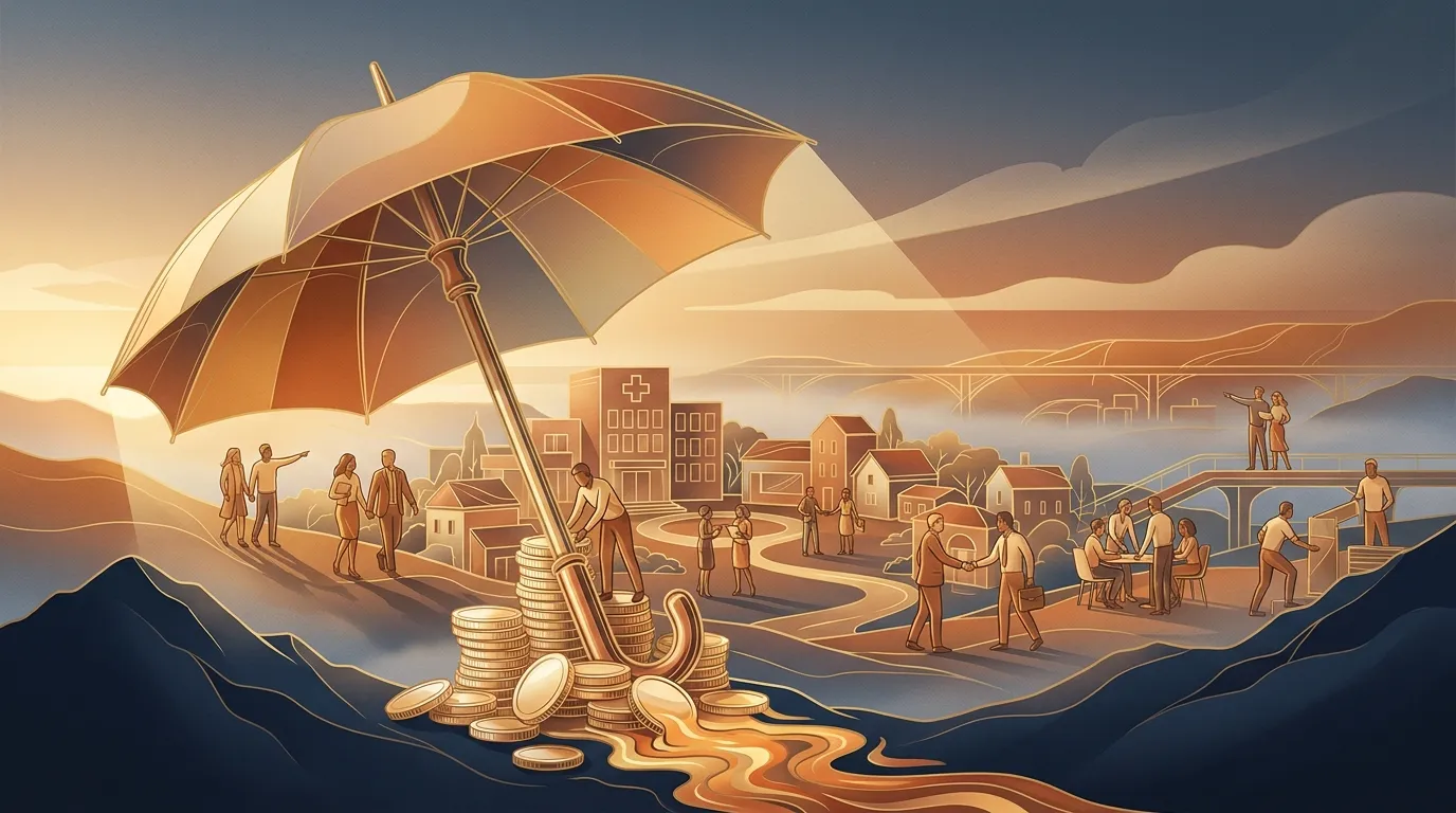 Illustration: in the afternoon light, an open umbrella shelters a small town with a hospital; its shaft rests on a pile of golden coins that are melting