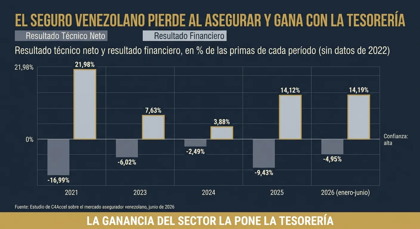 Gráfico de serie de tiempo: el resultado técnico neto es negativo en 2021, 2023, 2024, 2025 y el primer semestre de 2026, mientras el resultado financiero es positivo en todos esos períodos