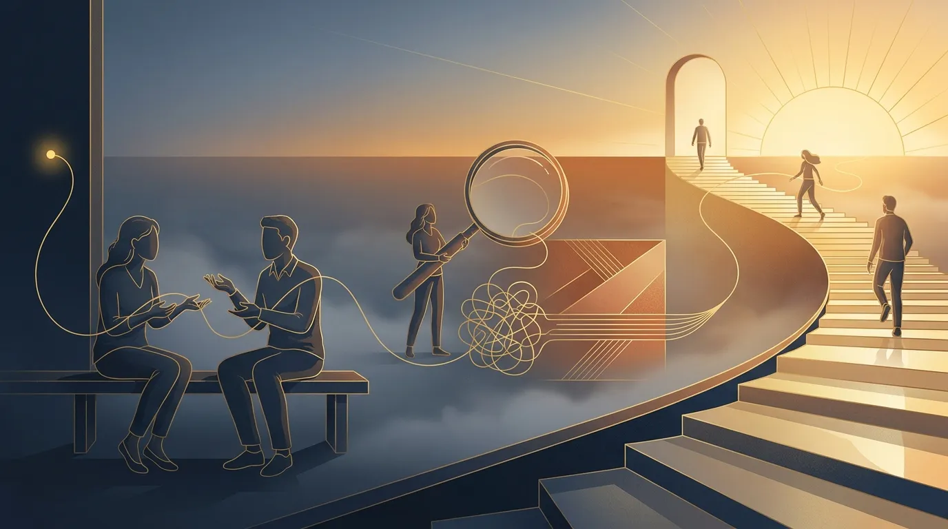 Ilustración: un hilo dorado une una conversación, una lupa y una escalera. La escalera sube hacia un horizonte soleado.