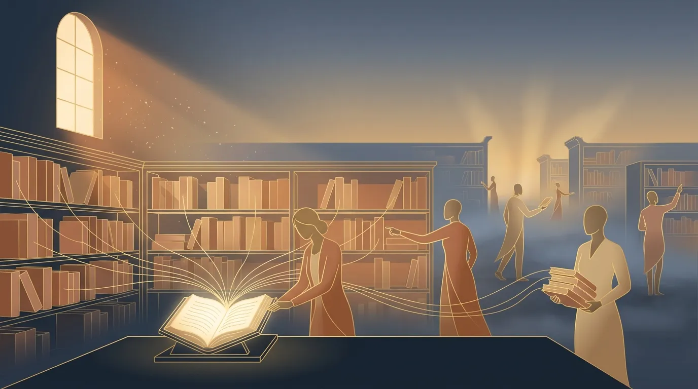 Illustration: a shelf of studies linked by golden threads; an open one, under light from a high window, feeds the others.
