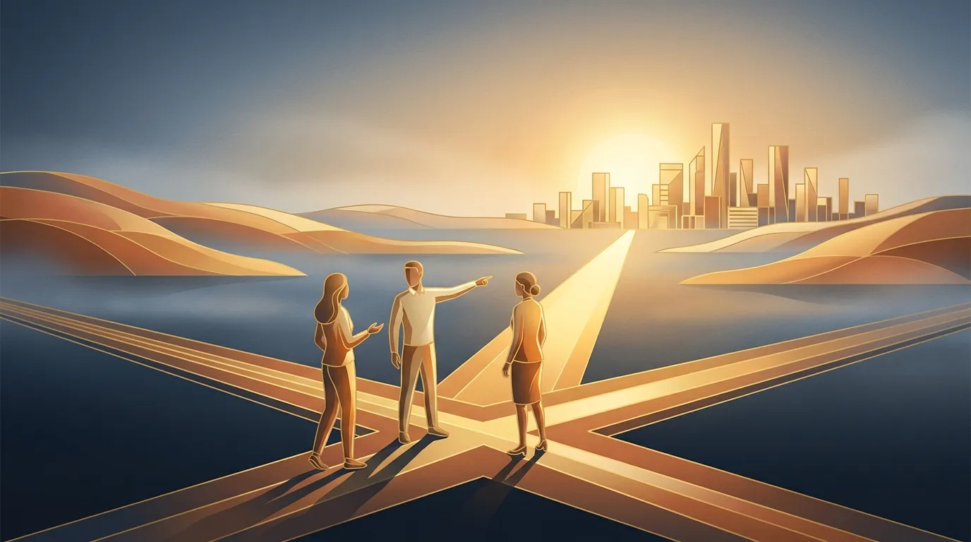 Illustration: three figures at a crossroads of golden paths; one points to the brightest, toward a city under the rising sun.