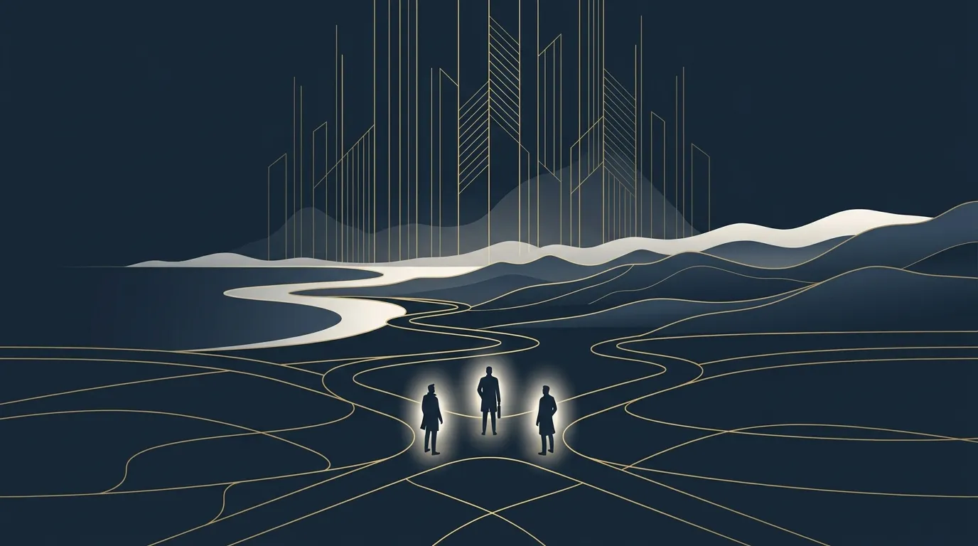 Ilustración: tres figuras en una encrucijada de caminos dorados, frente a un paisaje y una ciudad de líneas.