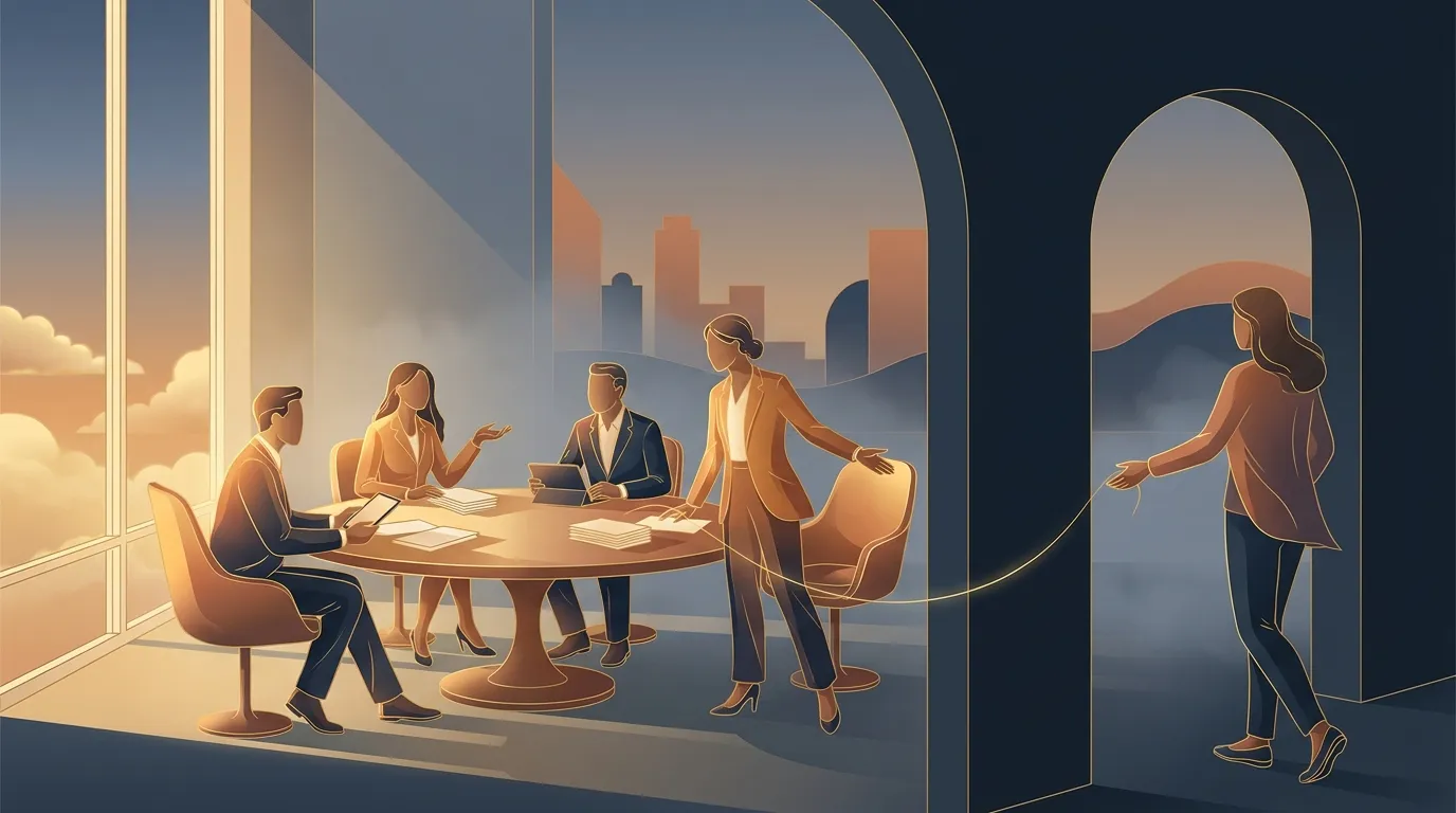 Illustration: four executives at a round table by a tall window; a fifth person arrives and is welcomed with an extended hand, linked by a golden thread.