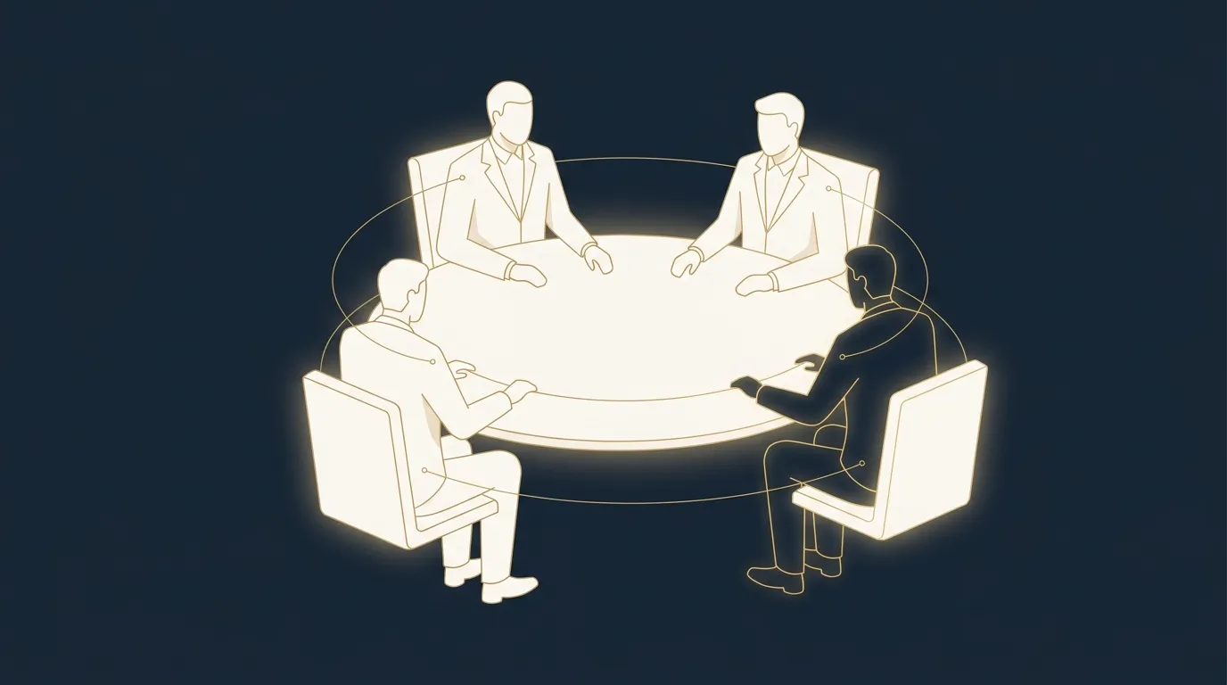 Ilustración: cuatro ejecutivos en una mesa redonda; uno de ellos se suma al grupo, unido por un hilo dorado.