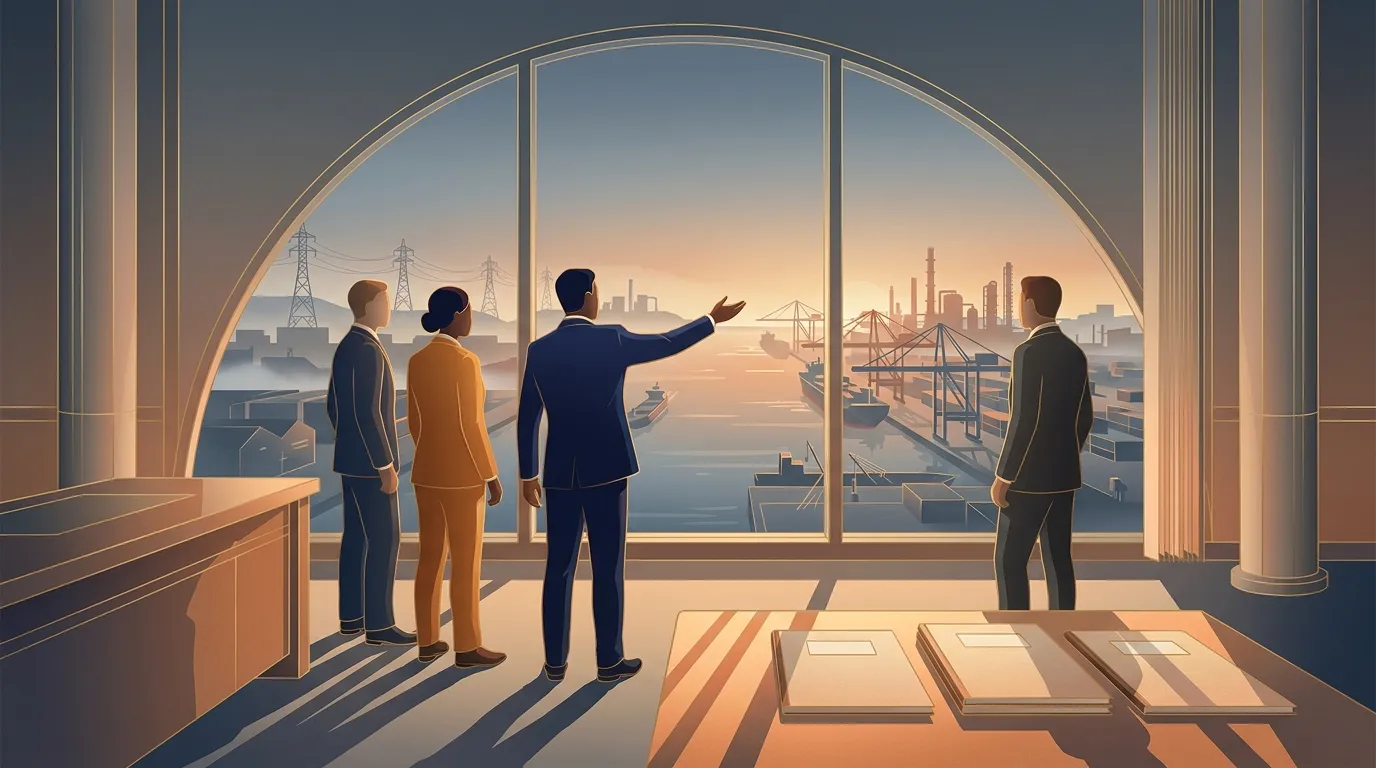 Illustration: four executives look through a window at a refinery, a port and power towers at sunrise; one points at the port. Three reports lie on the table.